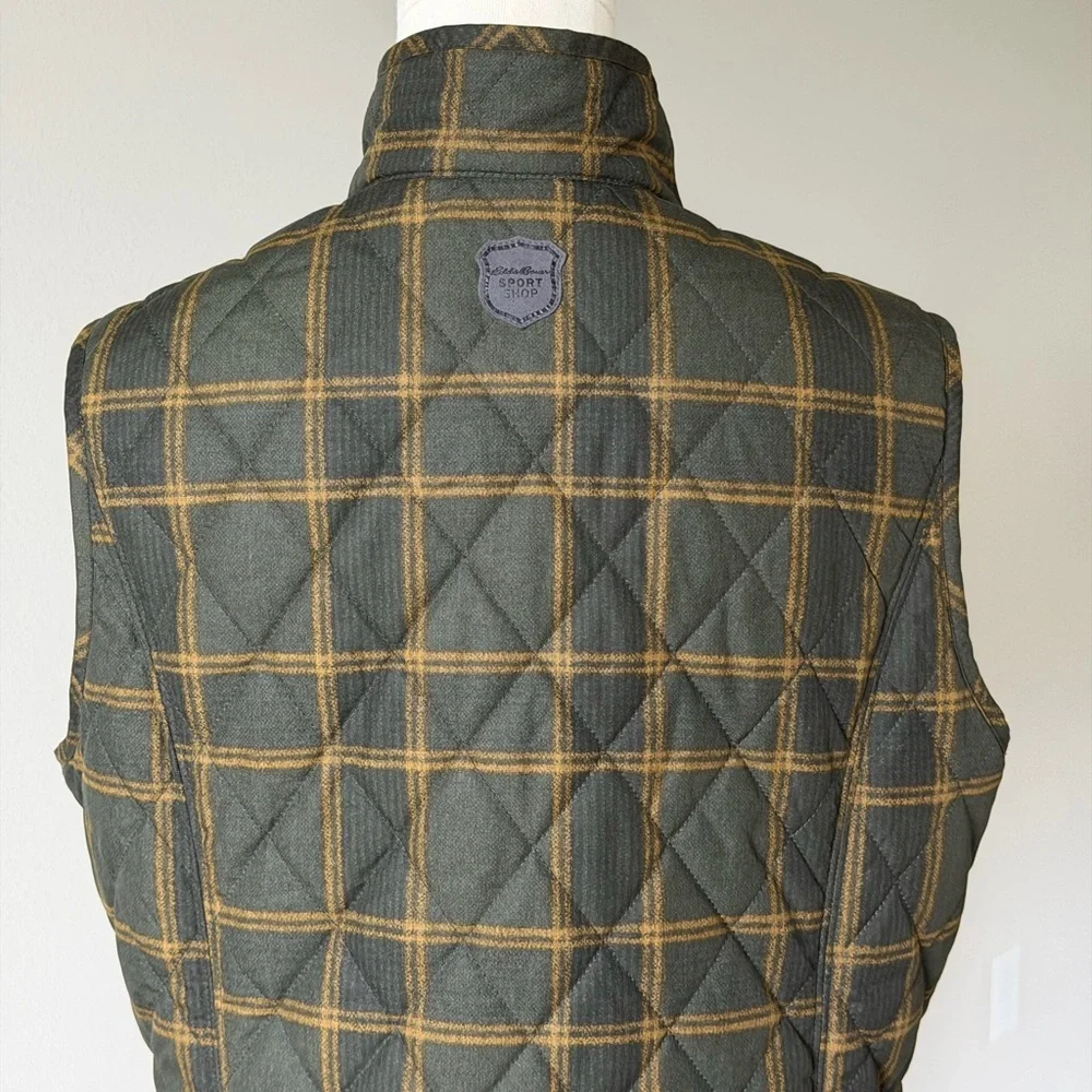 Eddie Bauer Olive Green Plaid Quilted Vest Lightweight Puffer - M